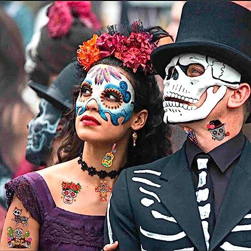 96pcs Day of the Dead Skeleton Face Tattoos - Colorful Sugar Skull Stickers for Halloween & Mexican Fiesta