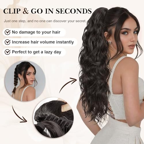 HANYUDIE 26 Inch Wavy Claw Clip Ponytail Extension - Dark Brown