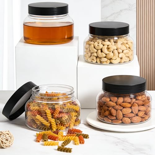 16 Pack 8 oz Plastic Jars with Black Lids, BPA Free Refillable Containers
