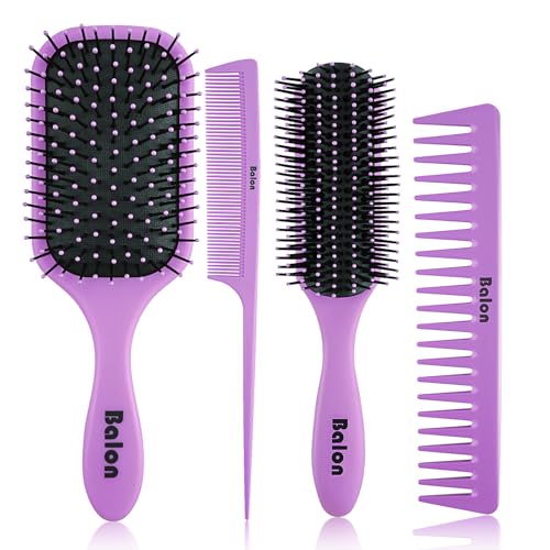 BALON 4-Piece Detangling Hair Brush Set - Purple Paddle Brush for All Hair Types