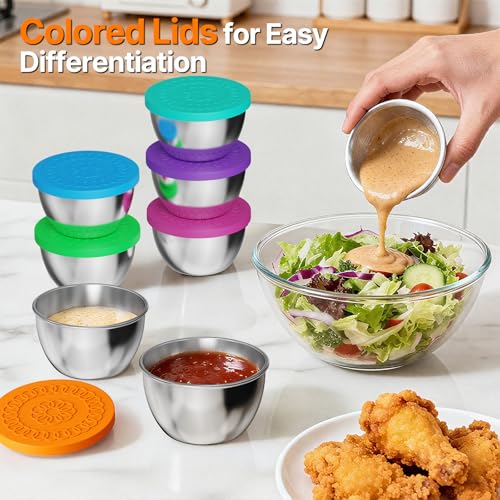Kitlead 2.5 oz Sauce Containers - 8 Pack Stainless Steel with Silicone Lids