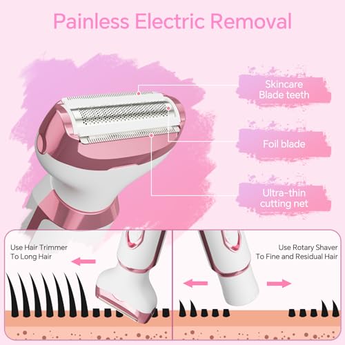 Women's Electric Razor Bikini Trimmer, 4-in-1 Cordless Shaver for Face, Legs, Underarms, Pubic Hair ? Wet/Dry Use, Painless Hair Removal