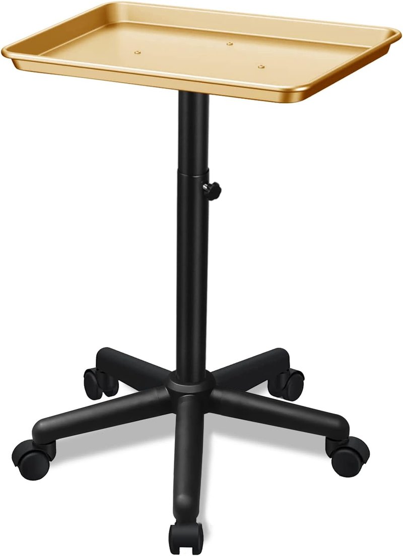 Premium Aluminum Rolling Tray - Adjustable Height Tattoo & Hairstylist Tray with Wheels | Gold Finish