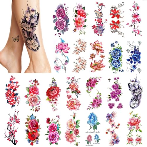 PHOGARY 24-Piece Large Flower Temporary Tattoos - Waterproof Stickers