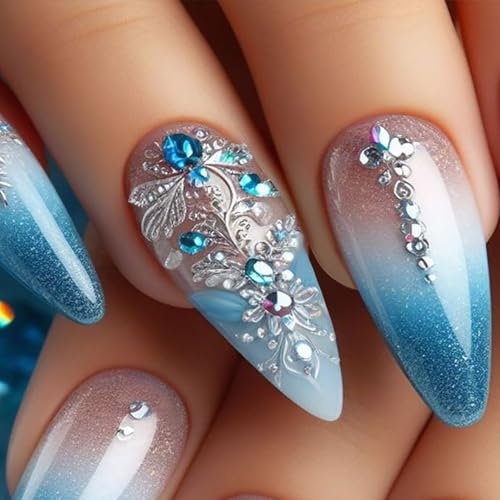 FOXIIU Blue Gradient Almond Press-On Nails with Floral Rhinestones & Charms - Medium Length Full Cover Fake Nails for Women & Girls