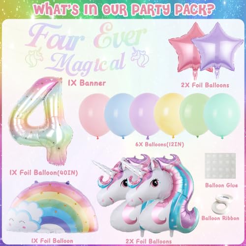 Unicorn 4th Birthday Decorations Kit with Foil Balloons & Banner
