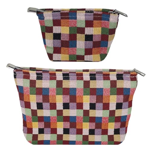 2-Piece Checkered Makeup Bag Set - Canvas Cosmetic Pouch & Travel Organizer