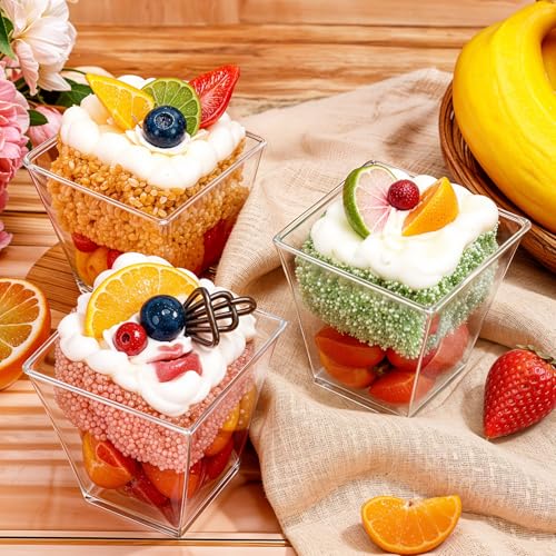 50 Pack 2 oz Clear Square Dessert Cups with Spoons - Mini Serving Bowls for Parties