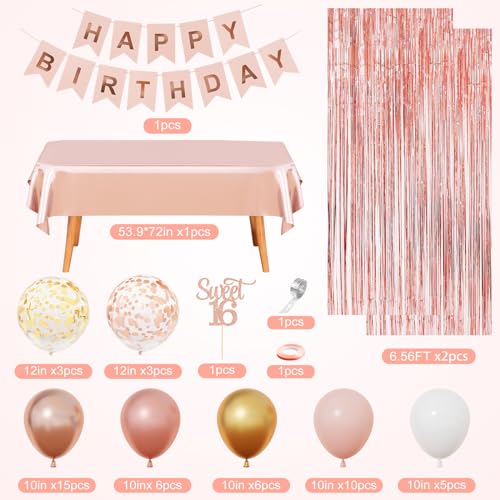 Rose Gold Sweet 16 Birthday Decorations Set for Girls
