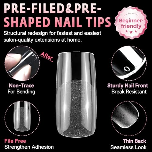 600pcs Clear Square Gel Nail Tips - Fake Acrylic Nails for Manicure