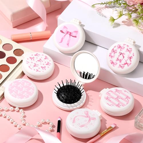 12 Pcs Pink Bow Folding Hair Brush with Mirror, Portable Travel Detangler