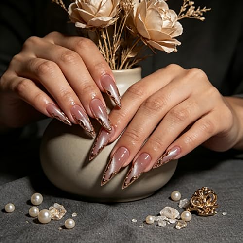YQSWSTL Almond Cat Eye Press-On Nails Long Gold Edge Model QKS-BT-017-11