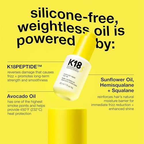 K18 Molecular Repair Hair Oil - Strengthening Peptide Damaged Hair Treatment Oil - 24-Hour Frizz Control + Heat Protectant - Helps Reduce Split Ends + Boost Shine (1 Fl oz)