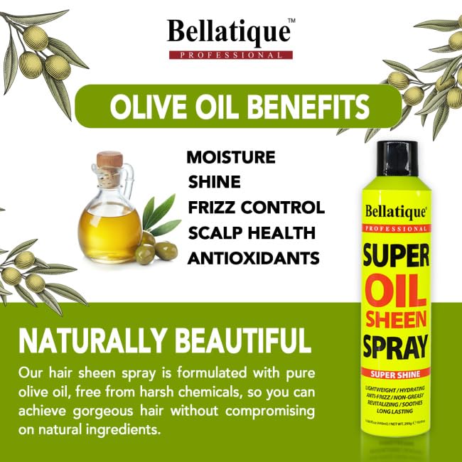 BELLATIQUE Super Oil Sheen Spray - Lightweight Hydrating Hair Shine, 14.88 oz