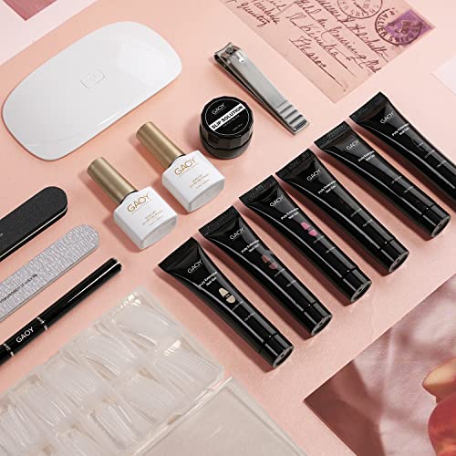 GAOY Poly Gel Nail Kit with UV Light Starter Kit – Set C, 6 Colors Nude Pink Black, Includes Top/Base Coat, Lamp & Tools
