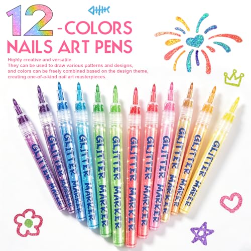 Topcent SET A Glitter Nail Art Pens Set - 12 Colors for DIY 3D Gel Nail Design