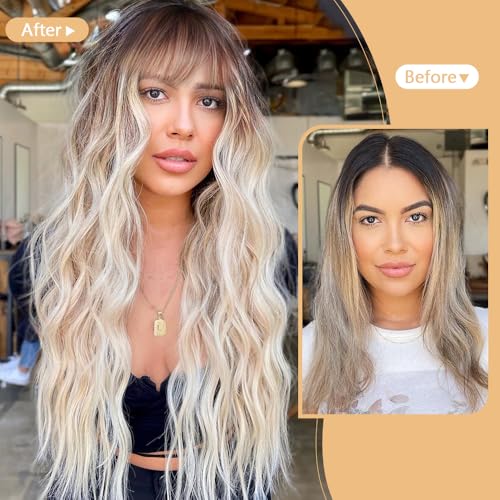 Wig with Bangs Long curly wavy Wigs for Women 26IN