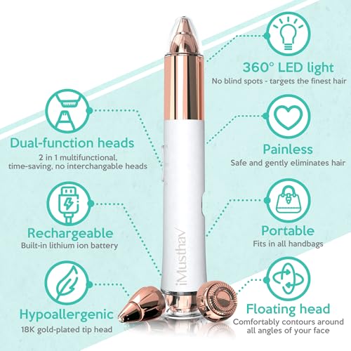 Facial Hair Removal for Women, 2-in-1 Face Hair Remover & Eyebrow Trimmer, Painless Flawless Face Shaver with LED Light, Rechargeable Peach Fuzz Remover & Electric Eyebrow Razor for Women