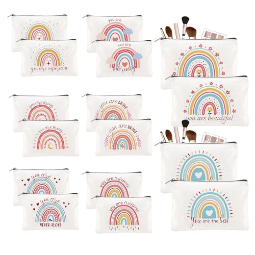 Twinklemon 16 Rainbow Canvas Makeup Bags - Inspirational Quotes, 9x6in, 16 Pack