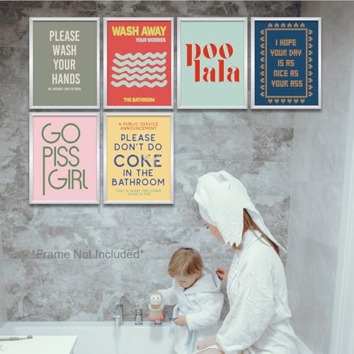 Funny Bathroom Wall Art Prints - 6 Piece Set, 8x10 Unframed