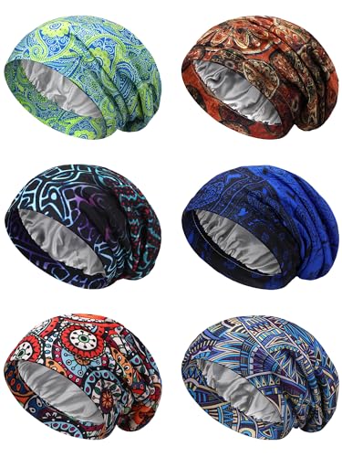 Sintege 6-Piece Satin Lined Sleep Bonnet Cap for Hair Protection