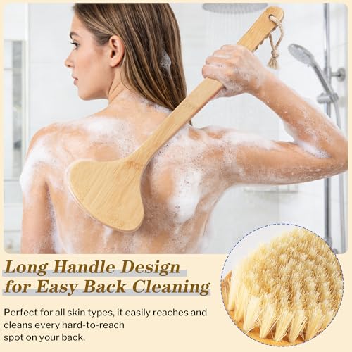 GROOMAGE Bamboo Back Scrubber - 17-Inch Curved Long Handle Bath Brush