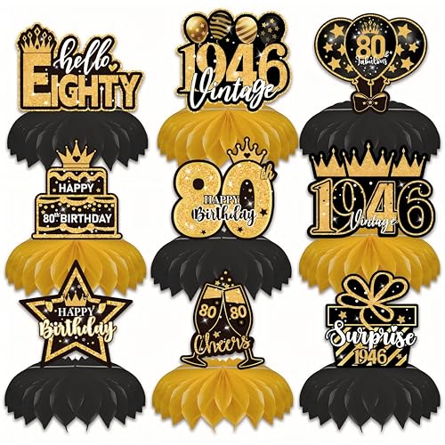 80th Birthday Decorations - 9-Piece Black & Gold Honeycomb Centerpieces