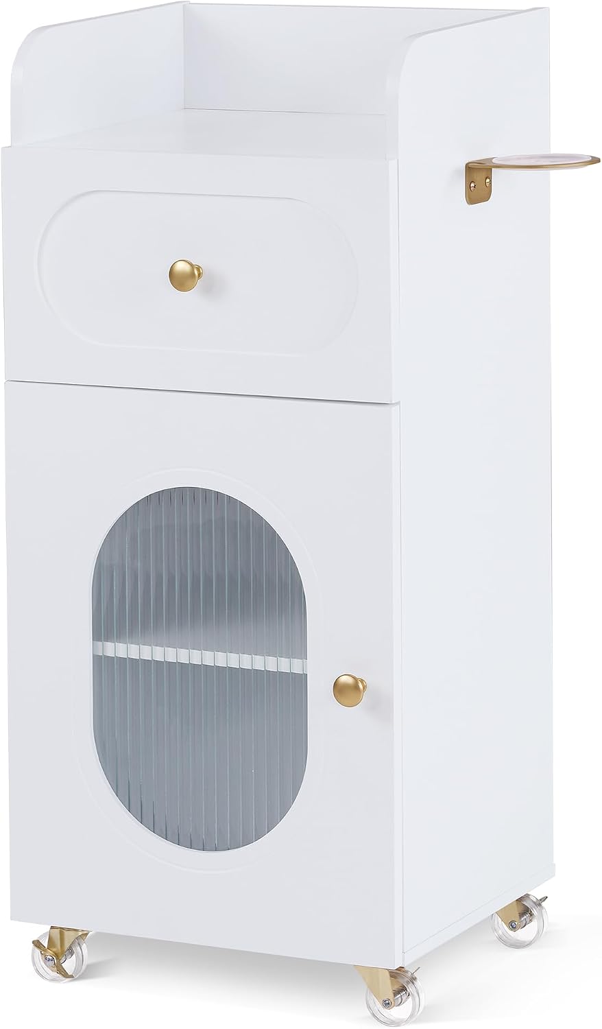 Salon Trolley with Wheels - Rolling Storage Cart for Hair Stylists | Drawer & Shelves, White Finish, Gold Hardware
