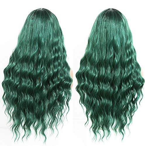 ANDRIA 26 Inch Ombre Green Wavy Wig with Bangs - Synthetic Heat Resistant Hair