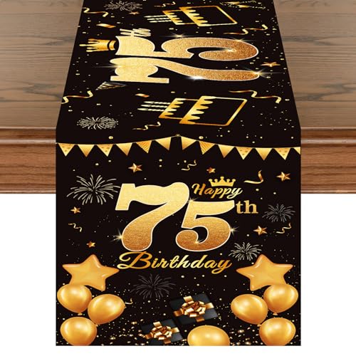 Happy 75th Birthday Table Runner - Black & Gold 72 Inch Linen