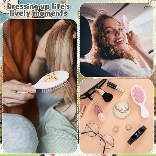 Wonderjune 12 Set Mini Hair Brush & Compact Mirror - Bowtie Baseball