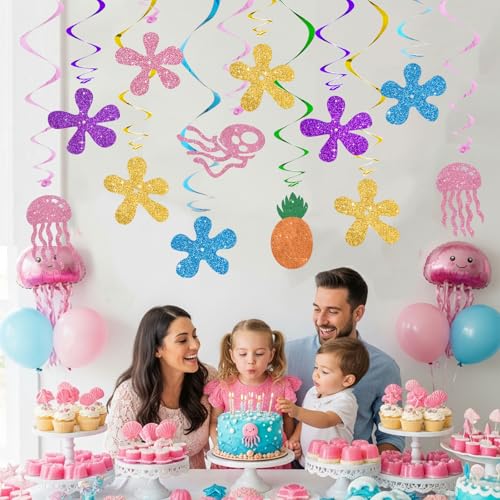 BEISHIDA 15Pcs Ocean Theme Hanging Decorations - Pre-Strung Jellyfish & Coral Flowers for Parties