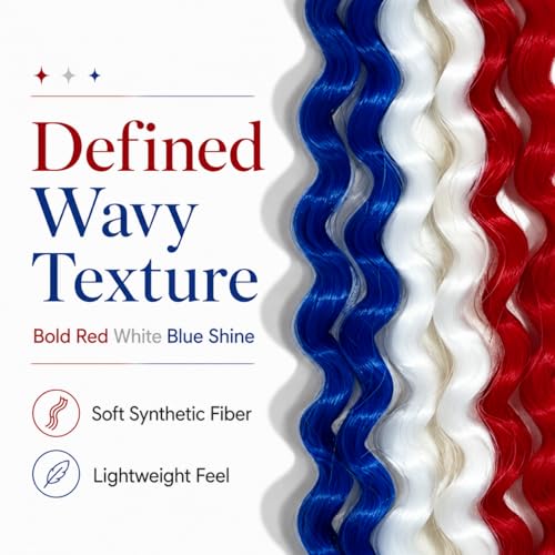 TASHEEMA Red White Blue 18 Inch Curly Ponytail Extensions 2 Pack for 4th of July & Festive Styles