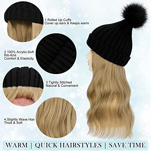 Ash Blonde Wig Beanie Hat with 14" Long Wavy Hair Extensions