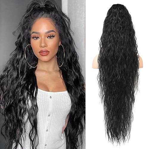 LONAI 34" Black Wavy Drawstring Ponytail Extension - Natural Look