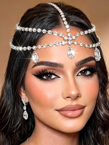 Yalice Silver Layered Head Chain with Rhinestones - Adjustable Bridal Hair Jewelry