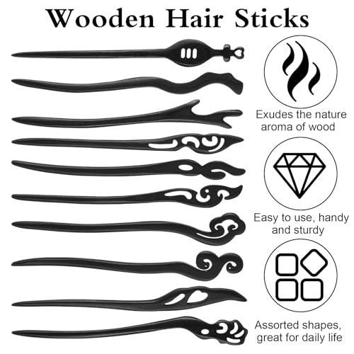 10 Pcs Vintage Wooden Hair Sticks for Women - Chinese & Japanese Bun Pins