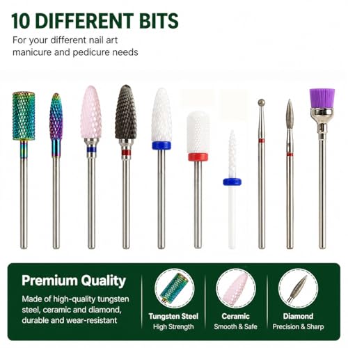 Feecy 10-Piece Nail Drill Bit Set - Universal 3/32" Ceramic & Carbide Bits