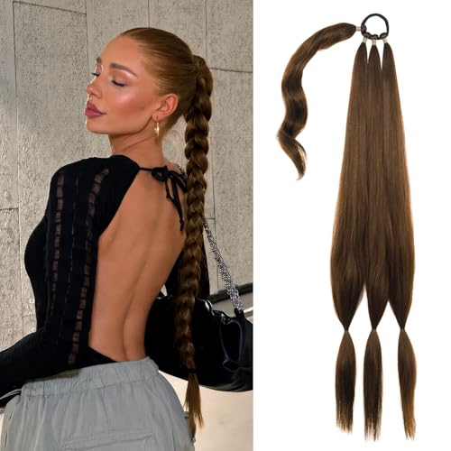 34 Inch Extra Long Brown Braided Ponytail Extension | Easy Attach Hairpiece