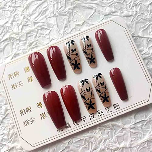 RikView Red Coffin Acrylic Fake Nails - Fall Design, Full Cover, 24 pcs