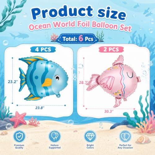 Gejoy 6 Pack Tropical Fish Balloons - 23 Inch Blue & Pink Foil