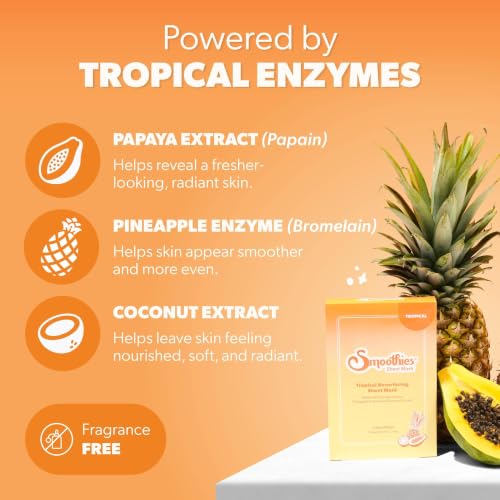 Smoothies Tropical Glow Resurfacing Sheet Mask 3 Pack - Brightening Korean Face Mask with Enzymes & Exfoliants