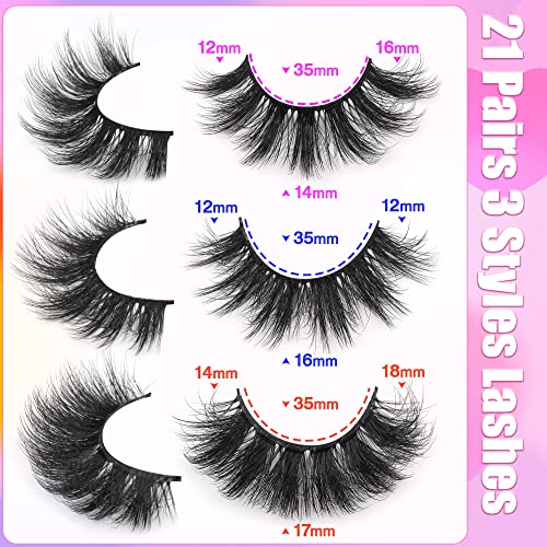 TNFVLONEINS 21 Pairs Fluffy Mink Lashes - 3 Styles Natural Wispy Curly Fake Eyelashes