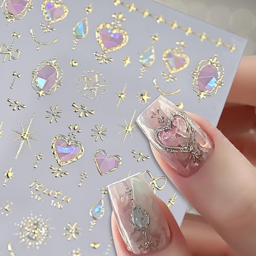Rhspayh Valentines Nail Stickers02 Pink Heart 5D Embossed Self-Adhesive Nail Art Decals with Gold Bow Star