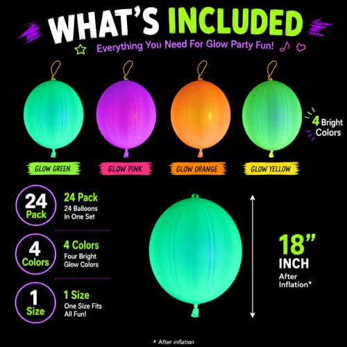 Mega-Loopolis Glow in the Dark Punch Balloons - 24 PCS Party Favors