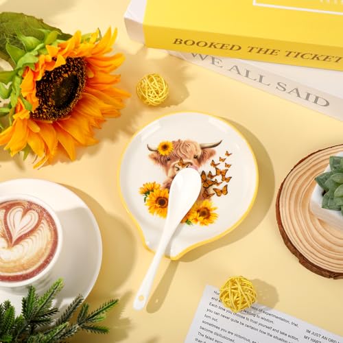 Highland Cow Spoon Rest with Sunflower & Butterfly Design - 4.7in