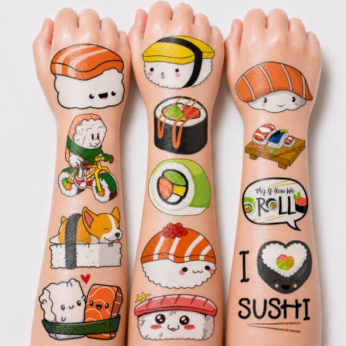 96 PCS Sushi Temporary Tattoos - Kids & Adults Water-Resistant Japanese Sushi Stickers