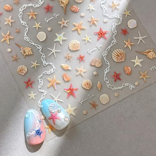 Quezadyl Starfish Nail Art Stickers 2 Sheets Summer Seashell 5D Embossed Shell Decals for Manicure and Nail Design
