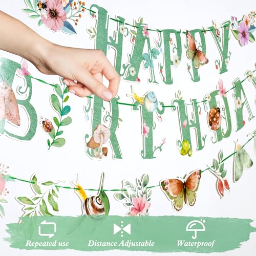 Sage Green Floral Happy Birthday Banner with Butterflies - Pre-Strung