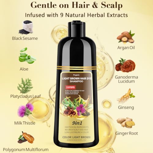 Prypvix Light Brown Hair Dye Shampoo for 100% Gray Coverage, Natural Color & Nourishing Botanicals